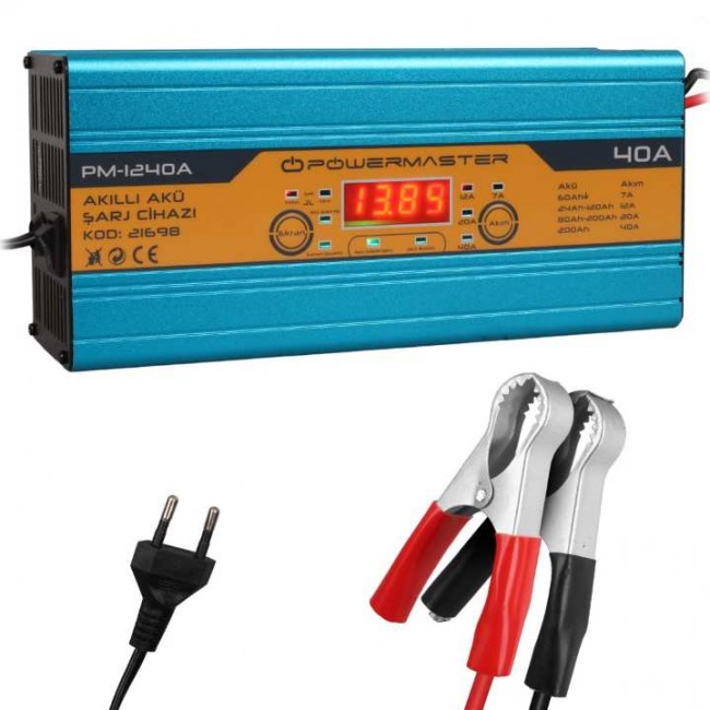 Powermaster PM-1240A 12 Volt 40 Amper Dijital Ekranlı Akıllı Akü Şarj Cihazı 