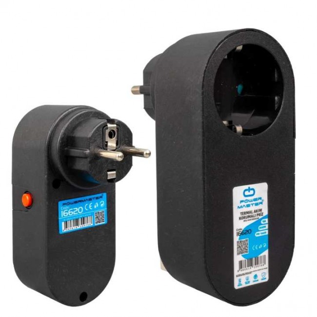 Powermaster Oval Kasa Siyah Tekli Termal Akım Korumalı Priz (10A-2500W) PM-16620 