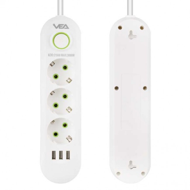 Vea VA-21558 3'lü 3 USB'li 1.5 Metre Akım Korumalı Priz Beyaz