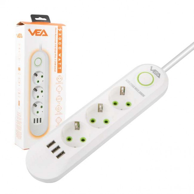 Vea VA-21558 3'lü 3 USB'li 1.5 Metre Akım Korumalı Priz Beyaz 