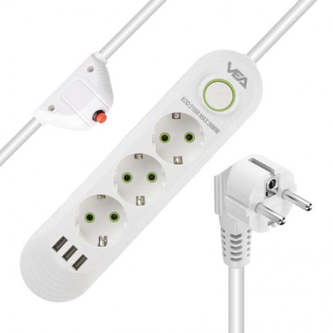 Vea VA-21558 3'lü 3 USB'li 1.5 Metre Akım Korumalı Priz Beyaz 