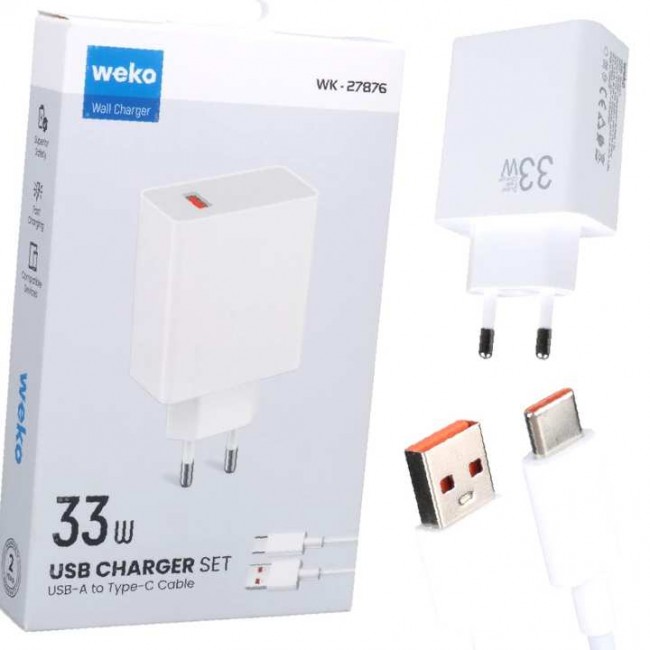 Xtechnx Weko WK-27876 M11 Beyaz 33 Watt Turbo Usb Şarj Başlık Adaptörü + Type-C Kablo