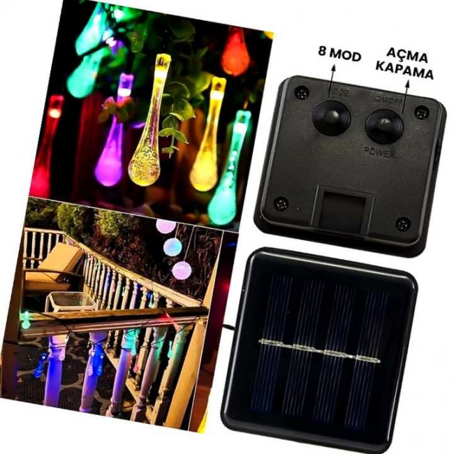 Xtechnx PowerMaster PM-29077 8 Modlu Solar 5M Renkli Su Damlası LED Zinciri - Su Geçirmez Bahçe ve Balkon Aydınlatması 29077