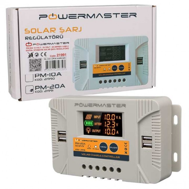 Xtechnx Powermaster PM-20A 12V-24V 20 Amper 4 USB Çıkışlı Dijital Ekranlı Solar Şarj Regülatörü Xtechnx Powermaster PM-20A 12V-24V 20 Amper 4 USB Çıkışlı Dijital Ekranlı Solar Şarj Regülatörü
