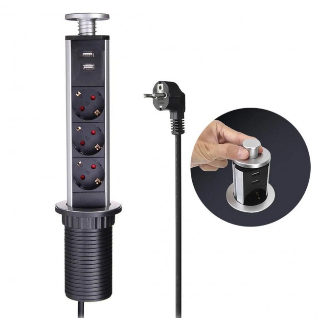 Xtechnx Vea VE-24062 Üçlü 1.5 Metre Kablolu İki USB’li 60mm Masaüstü Priz Kod:24062