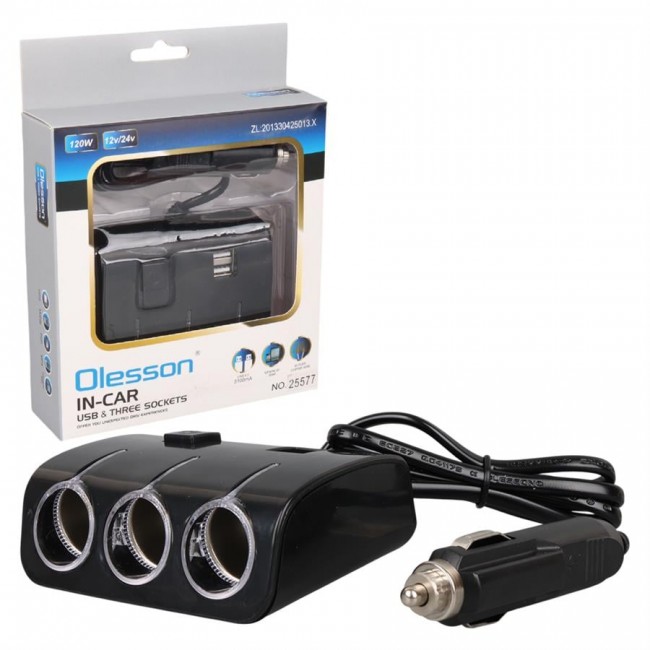 Xtechnx Olesson 1506 12-24V Çift USB Girişli 120W 80 CM Kablolu 3'LÜ Araç Çakmak Çoklayıcı Kod:25577