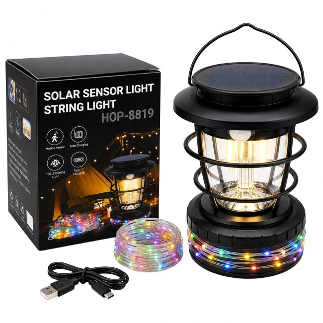 Xtechnx Powermaster HOP-8819 Solar Güneş Panelli Sensörlü Kamp Lambası (Filament + SMD + RGB Şerit) Kod:26872