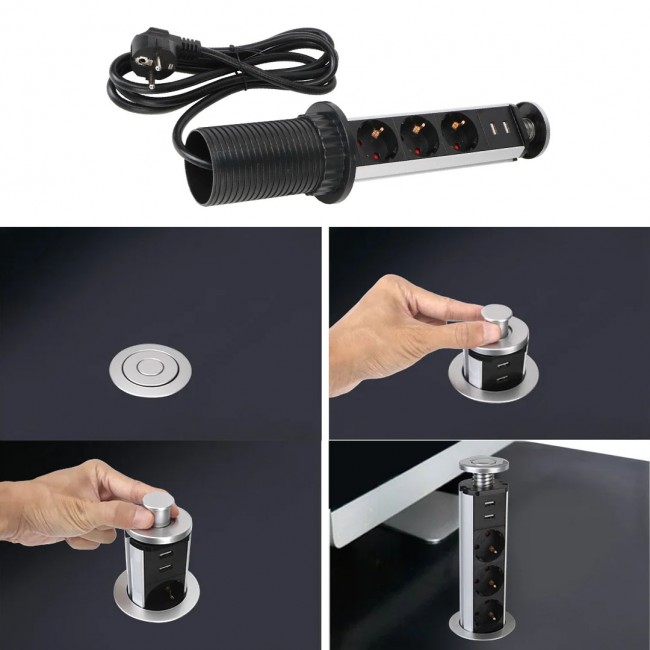 Xtechnx Vea VE-24062 Üçlü 1.5 Metre Kablolu İki USB’li 60mm Masaüstü Priz Kod:24062