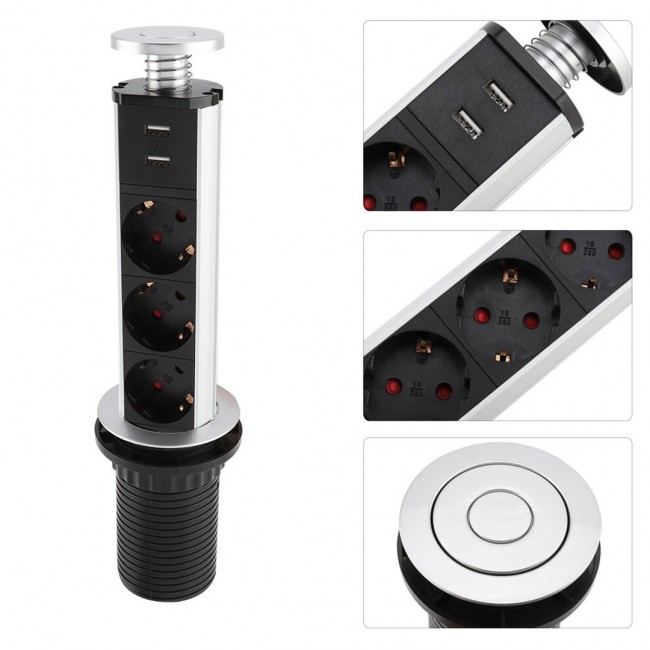 Xtechnx Vea VE-24063 Üçlü 1.5 Metre Kablolu İki USB’li 80mm Masaüstü Priz
