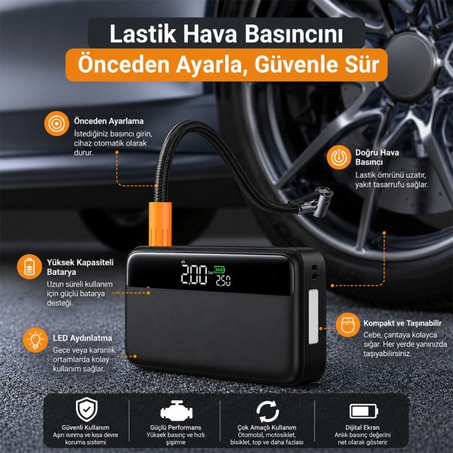 Xtechnx Powermaster N33 Lastik Hava Kompresörlü Akü Takviye Cihazı 65W Fast Powerbank